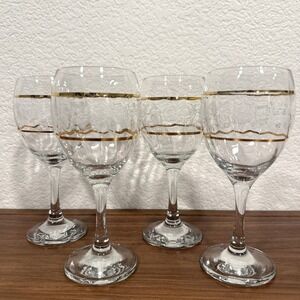 VTG Set of 4 Circleware Crystal Duchess 7" Water Goblets Etched‎ Flowers w/ Gold